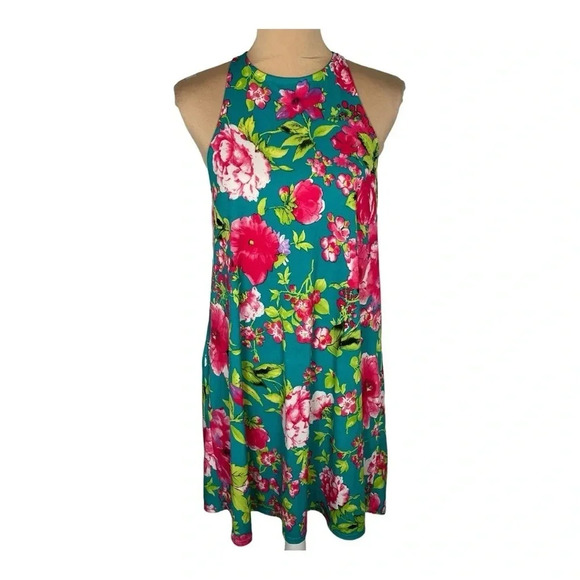 🩷 Peach Love California Floral Print Halter Neck Mini Dress Small - Picture 1 of 5